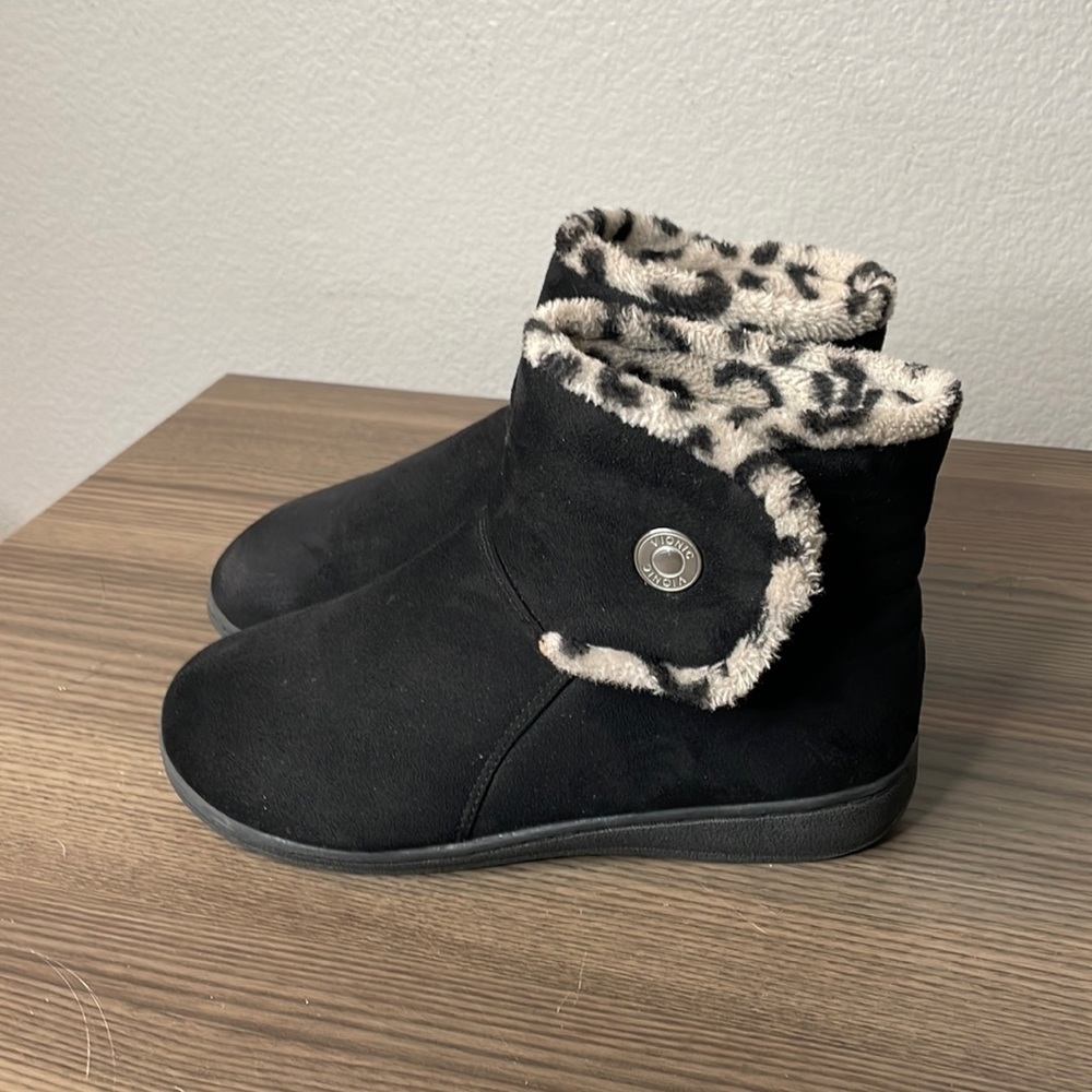 Vionic Black Ankle Booties with Cozy Leopard Cuff